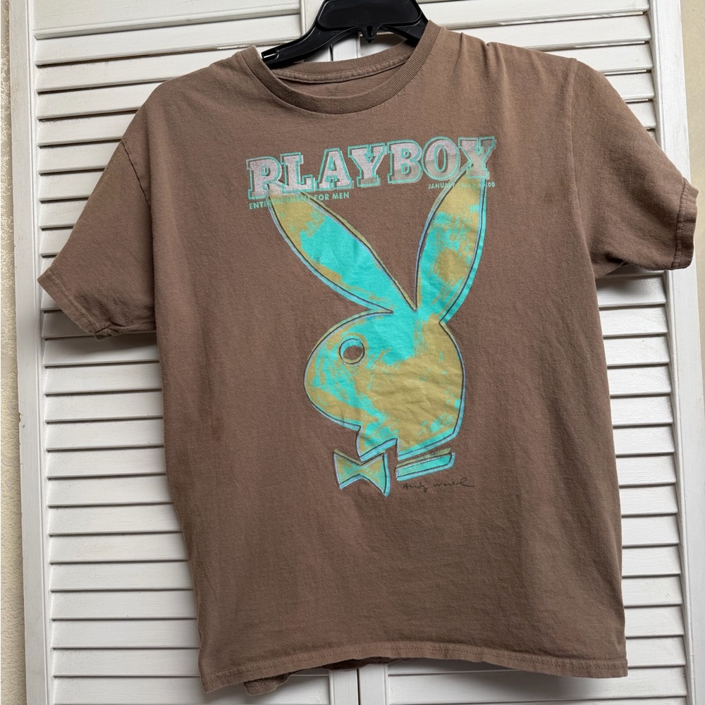 PLAYBOY Brown Tee with Blue Graphic Bunny Mens Small and Girl Medium